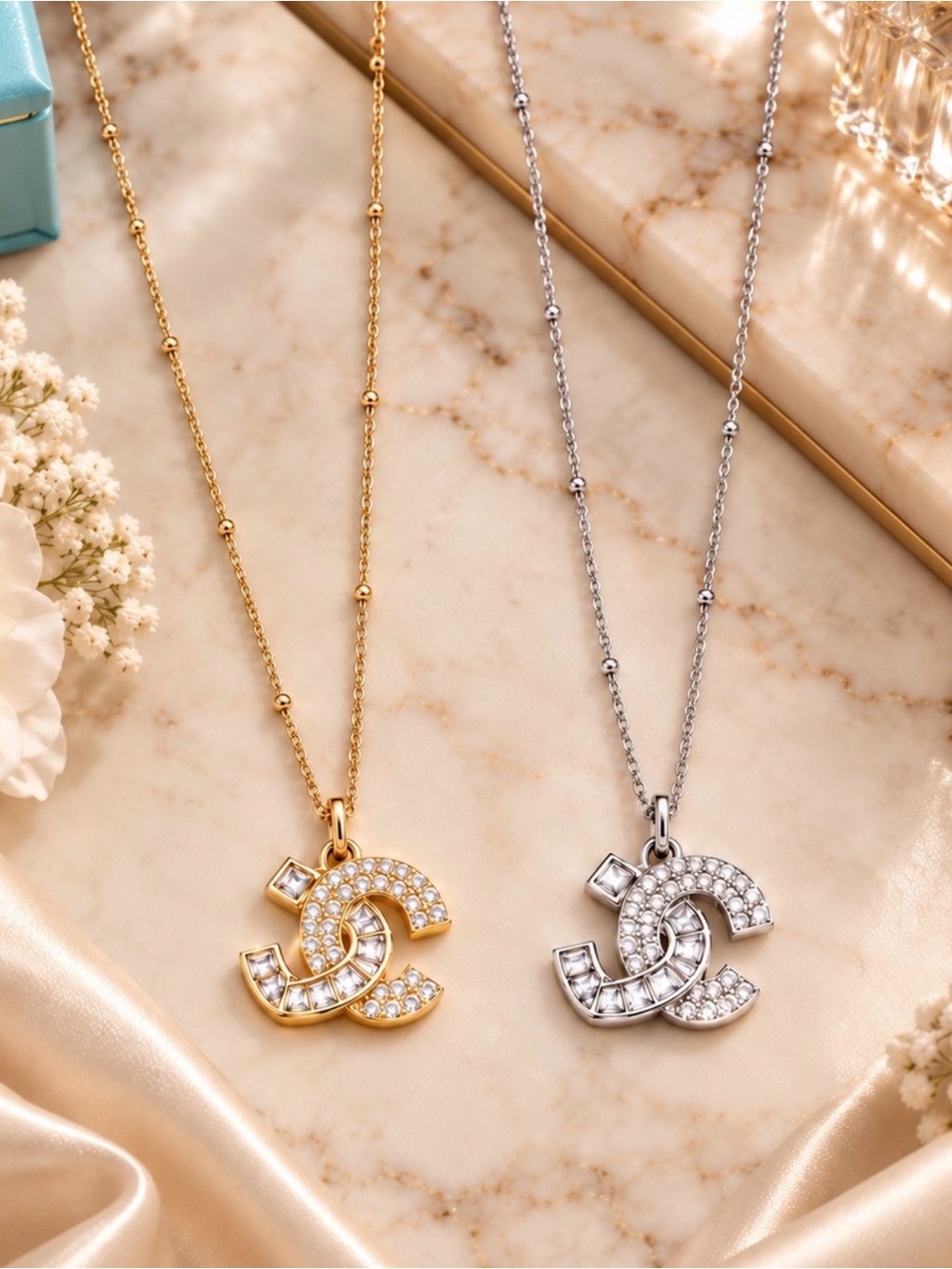 Silver Crystal Interlocking Double-C Logo Pendant Necklace